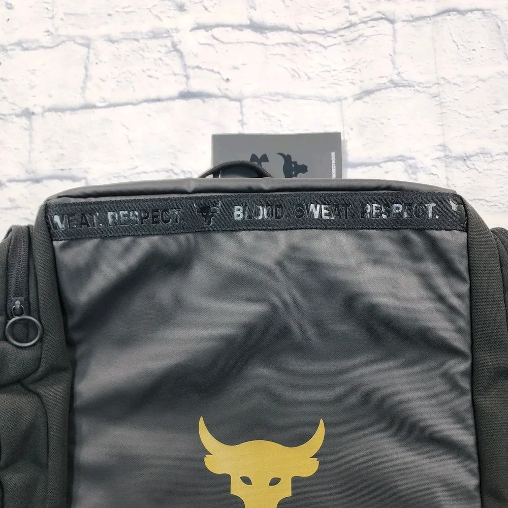 Under Armour UA Project Rock Duffle Backpack Bag Black Gold Gym 1376459-002 WWE